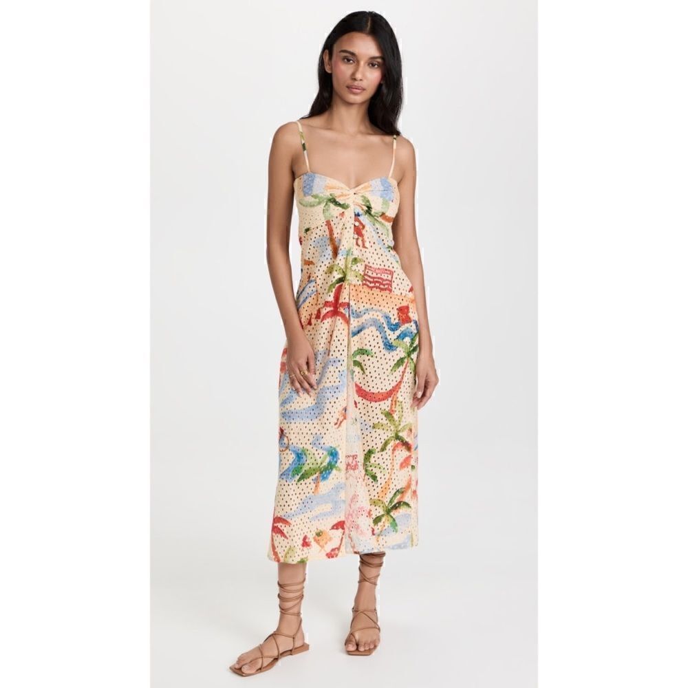 NWT Farm Rio Copacabana Cover Up Eyelet Tropical Print Maxi Dress, Size XS